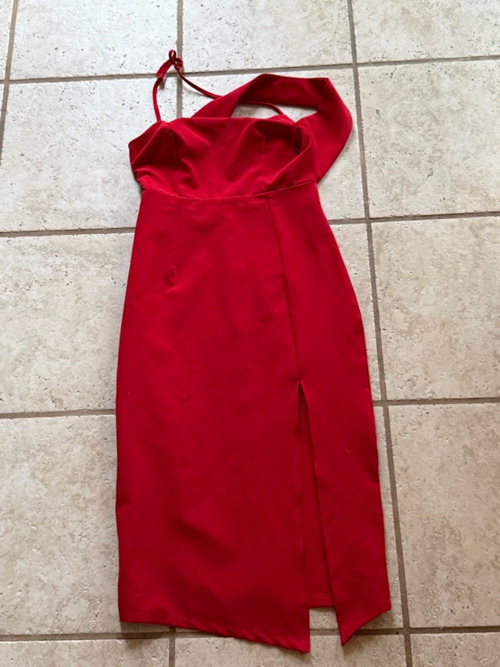 Red “One-Shoulder” Midi Dress with Front Slit- bodycon Dear Emilia, Hello Molly